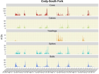 Distribution of elk migration activity for the Cody - South Fork elk herd.