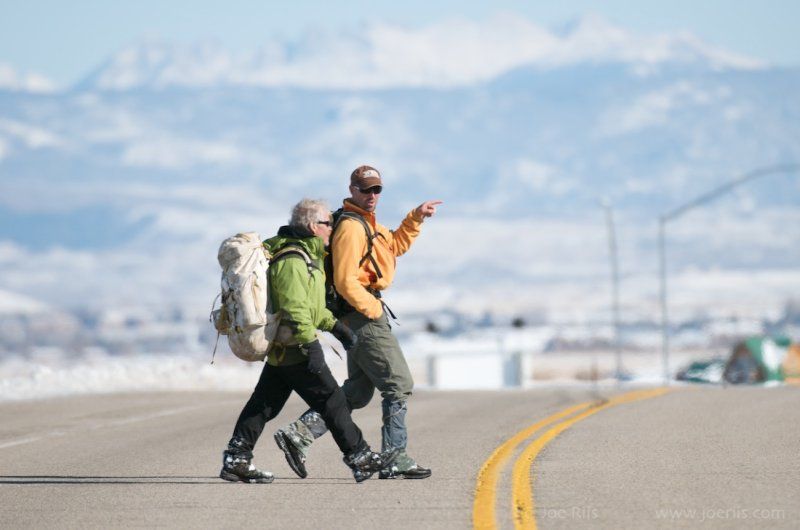 Hall Sawyer (right) and Rick Ridgeway (left: founder of Freedom to Roam, http://freedomtoroam.org/) walk one of the migration routes identified near Pinedale, Wyoming.